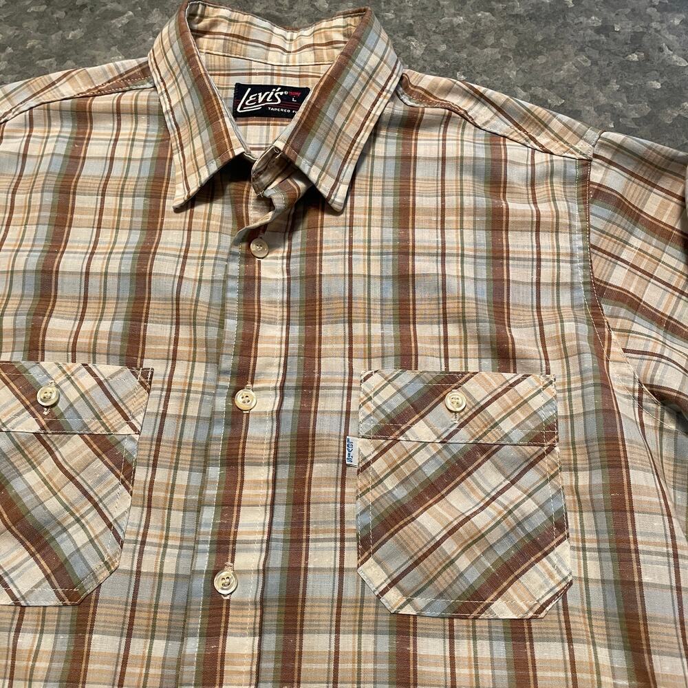 Vintage Levi’s Tapered Fit Plaid Button Up Western Shirt Mens Large Cream Tan
